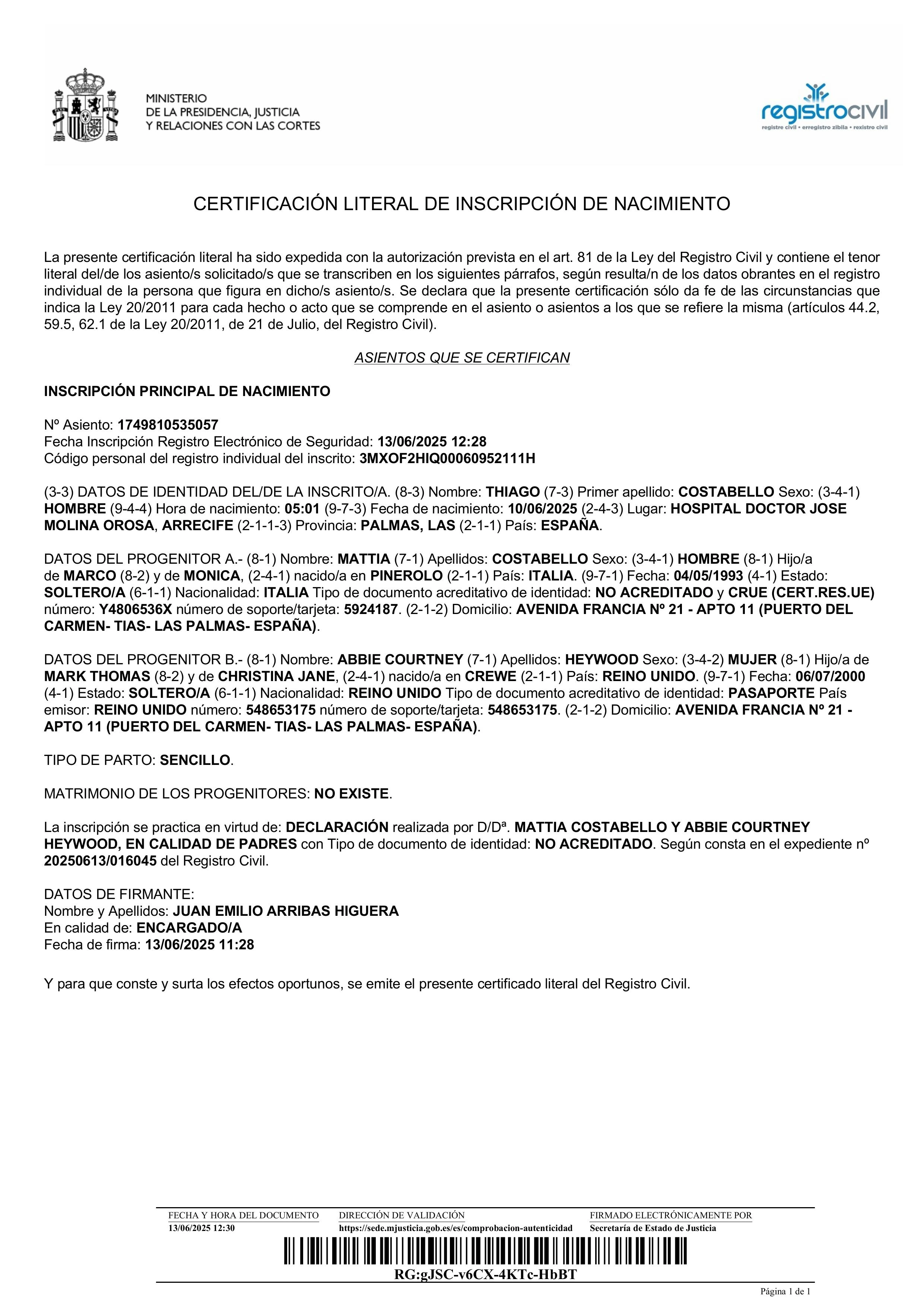 Literal Certificate Sample