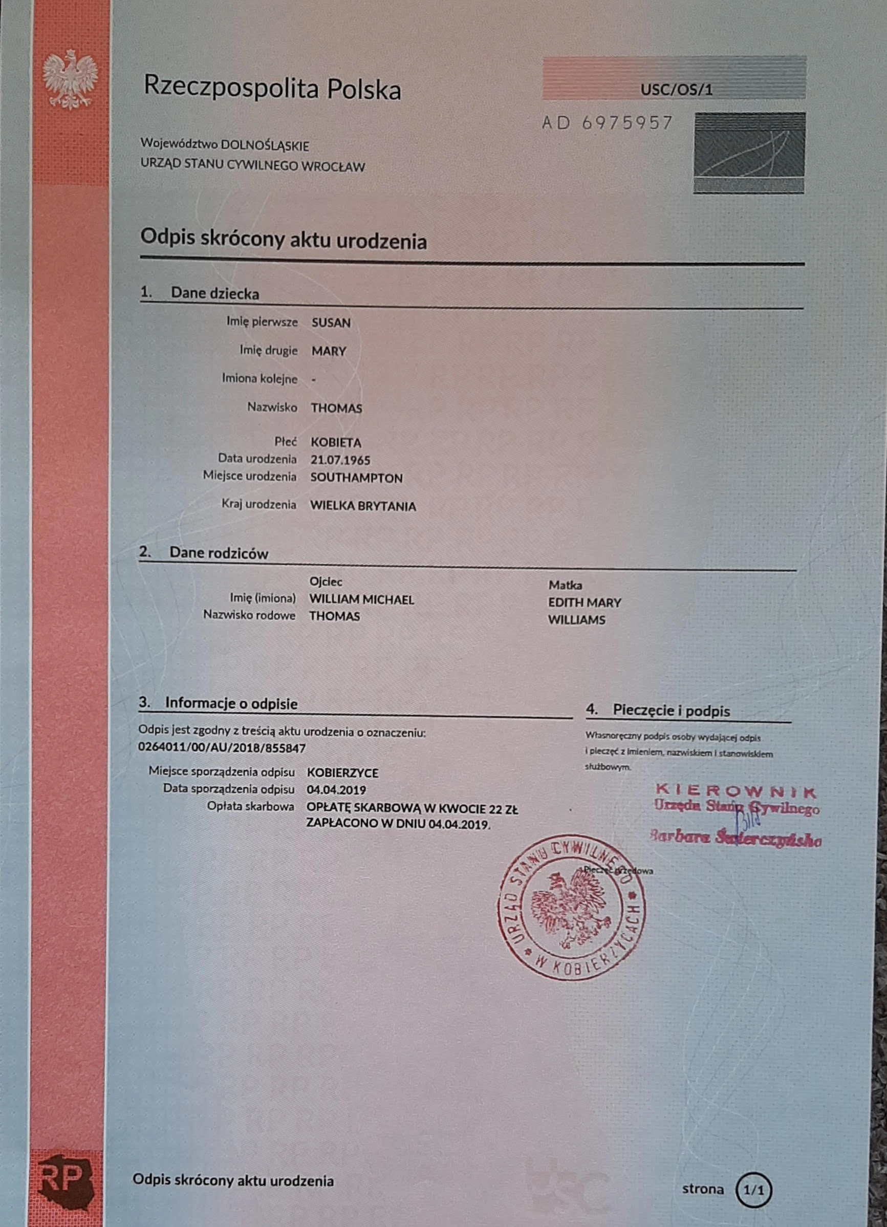 Polish Birth Certificate